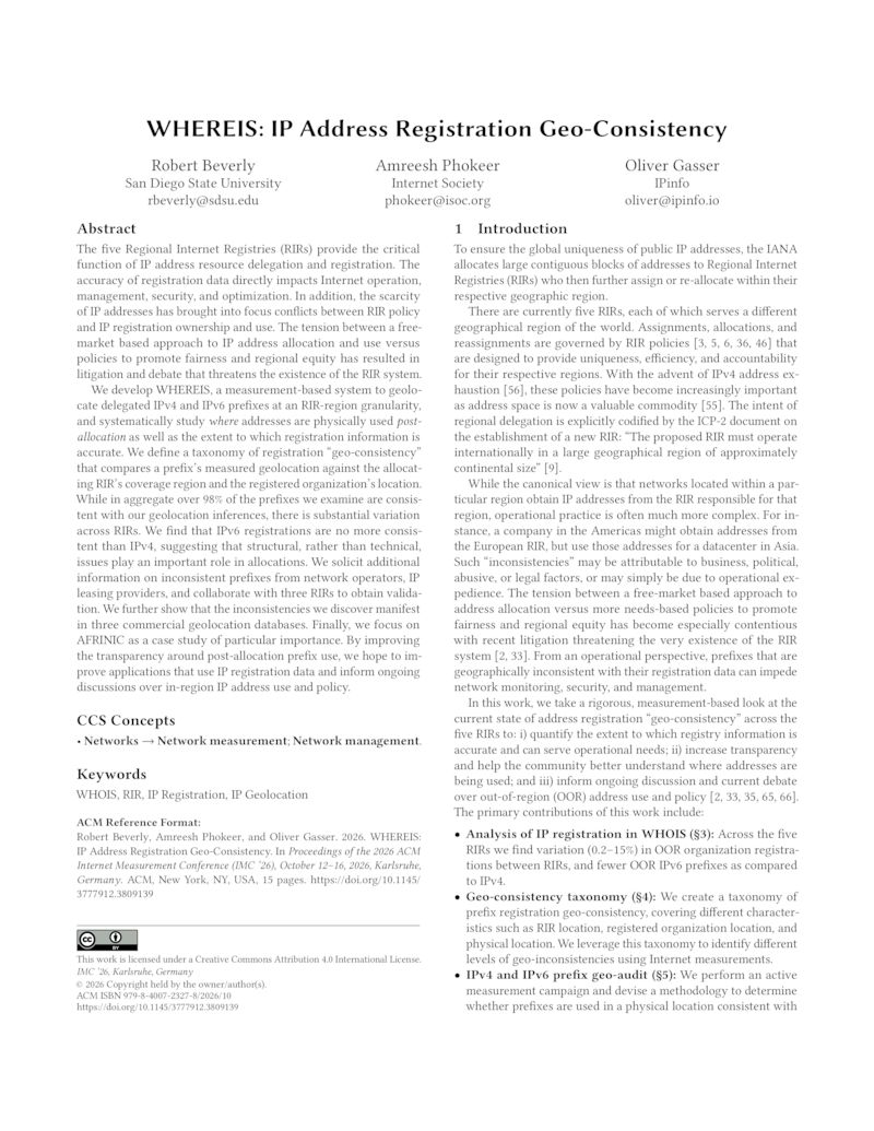 Download paper: WHEREIS: IP Address Registration Geo-Consistency
