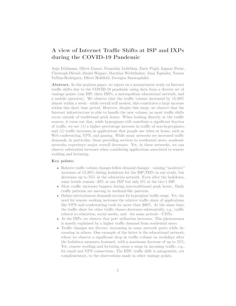 Download paper: A view of Internet Traffic Shifts at ISP and IXPs during the COVID-19 Pandemic