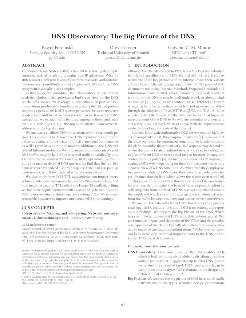 Download paper: DNS Observatory: The Big Picture of the DNS