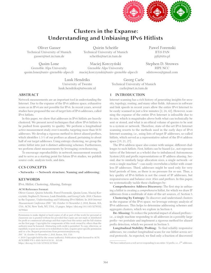 Download paper: Clusters in the Expanse: Understanding and Unbiasing IPv6 Hitlists