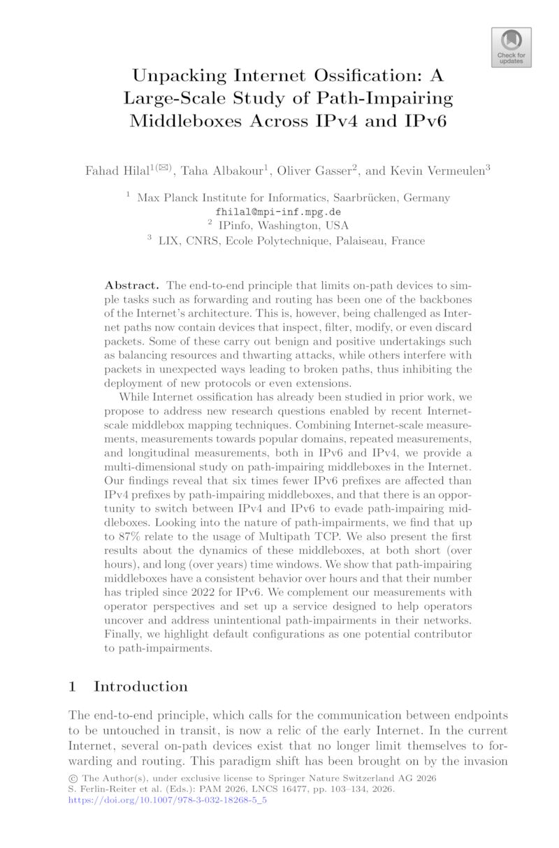 Download paper: Unpacking Internet Ossiﬁcation: A Large-Scale Study of Path-Impairing Middleboxes Across IPv4 and IPv6