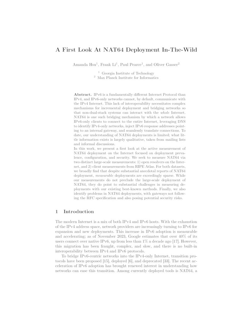 Download paper: A First Look At NAT64 Deployment In-The-Wild