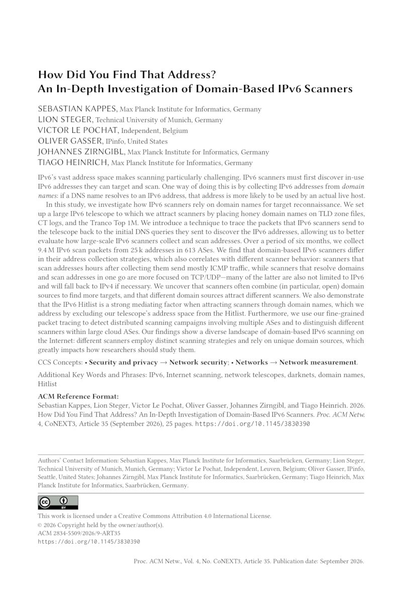 Download paper: How Did You Find That Address? An In-Depth Investigation of Domain-Based IPv6 Scanners