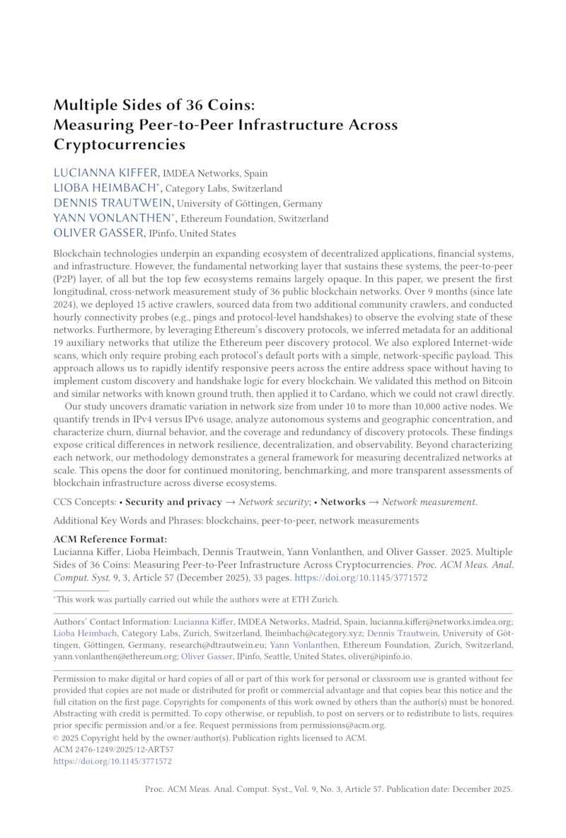 Download paper: Multiple Sides of 36 Coins: Measuring Peer-to-Peer Infrastructure Across Cryptocurrencies