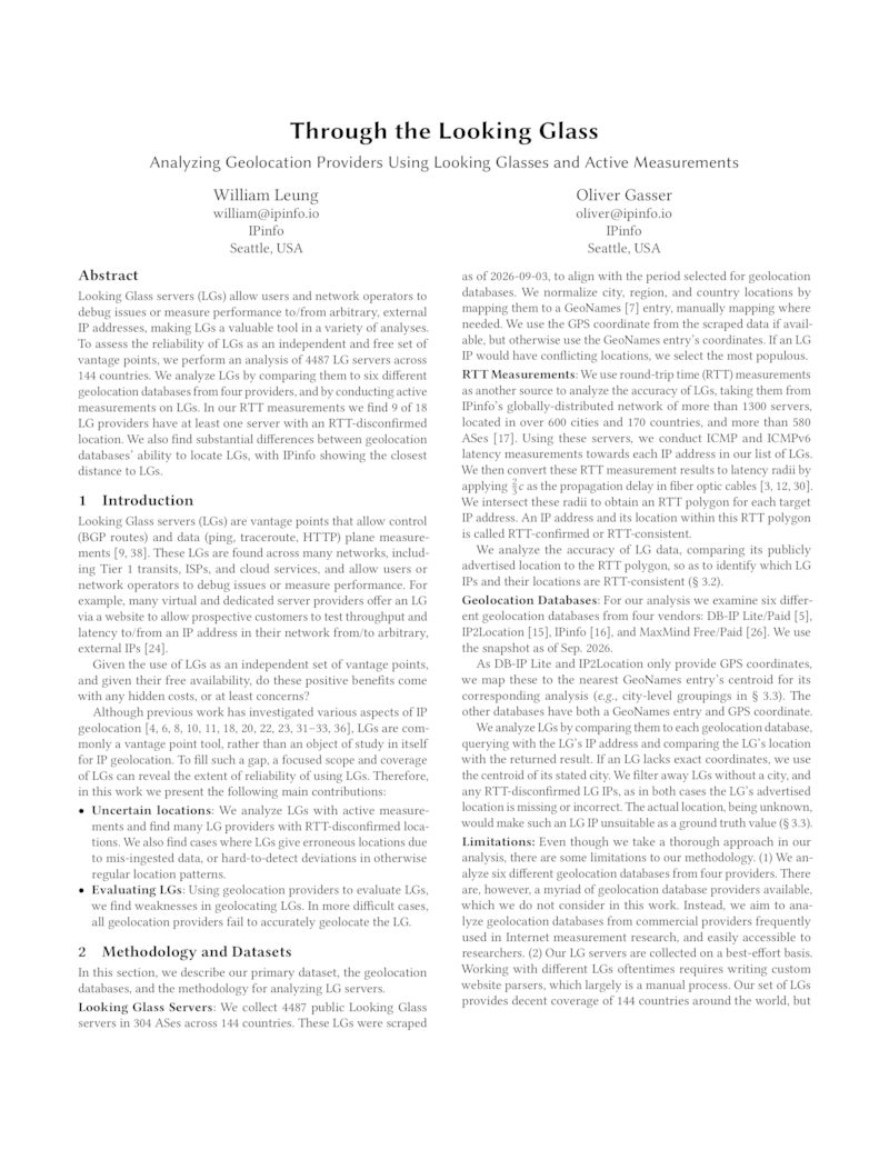 Download paper: Through the Looking Glass: Analyzing Geolocation Providers Using Looking Glasses and Active Measurements