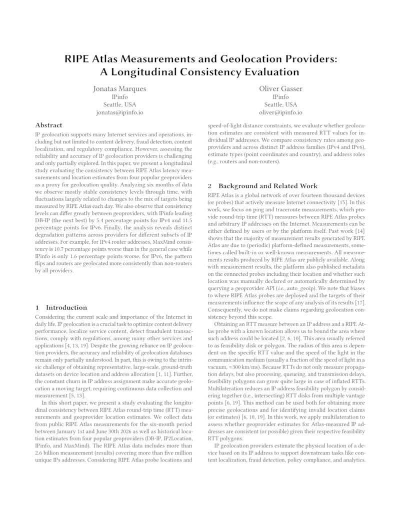Download paper: RIPE Atlas Measurements and Geolocation Providers: A Longitudinal Consistency Evaluation