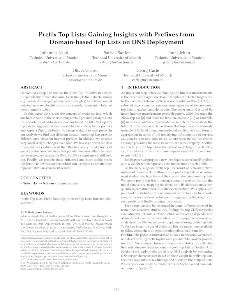 Download paper: Prefix Top Lists: Gaining Insights with Prefixes from Domain-based Top Lists on DNS Deployment
