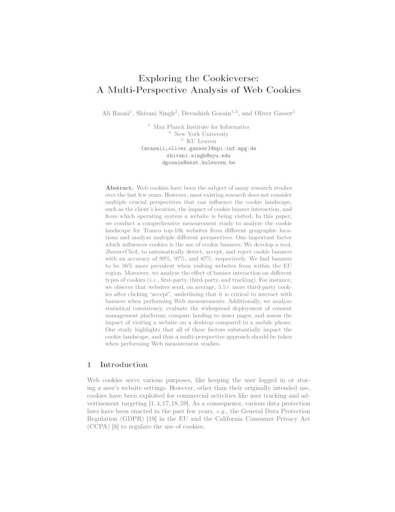Download paper: Exploring the Cookieverse: A Multi-Perspective Analysis of Web Cookies