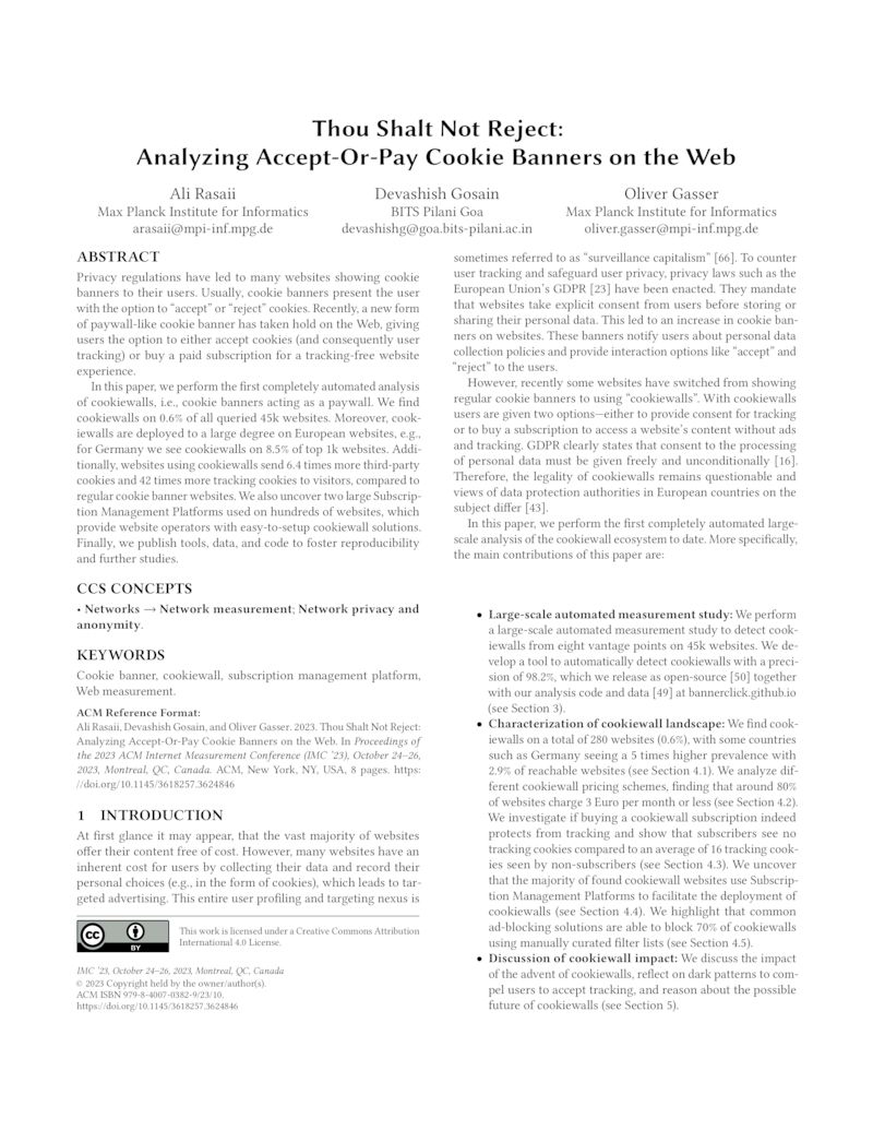 Download paper: Thou Shalt Not Reject: Analyzing Accept-Or-Pay Cookie Banners on the Web