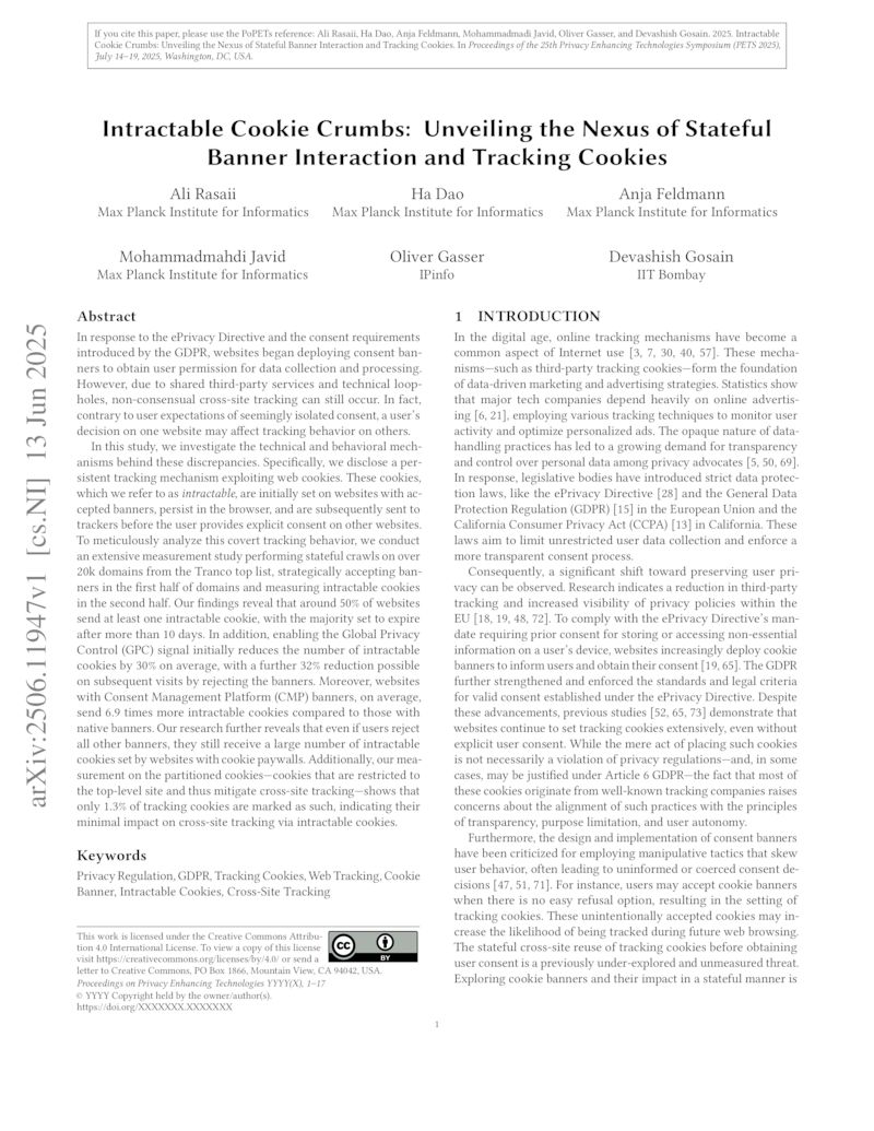 Download paper: Intractable Cookie Crumbs: Unveiling the Nexus of Stateful Banner Interaction and Tracking Cookies