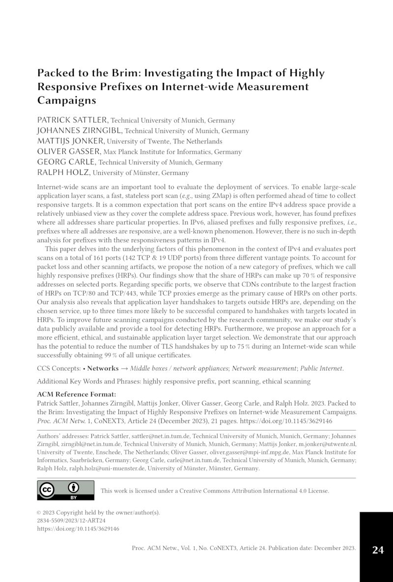 Download paper: Packed to the Brim: Investigating the Impact of Highly Responsive Prefixes on Internet-wide Measurement Campaigns