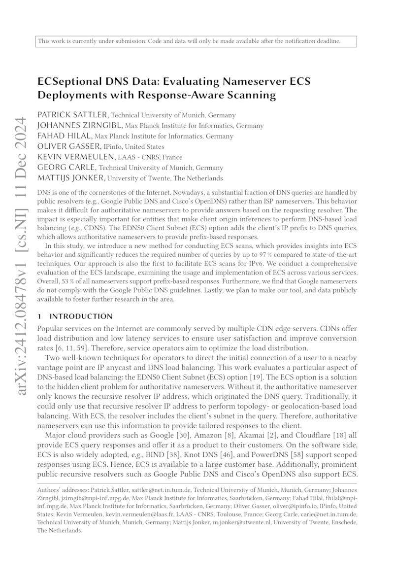 Download paper: ECSeptional DNS Data: Evaluating Nameserver ECS Deployments with Response-Aware Scanning