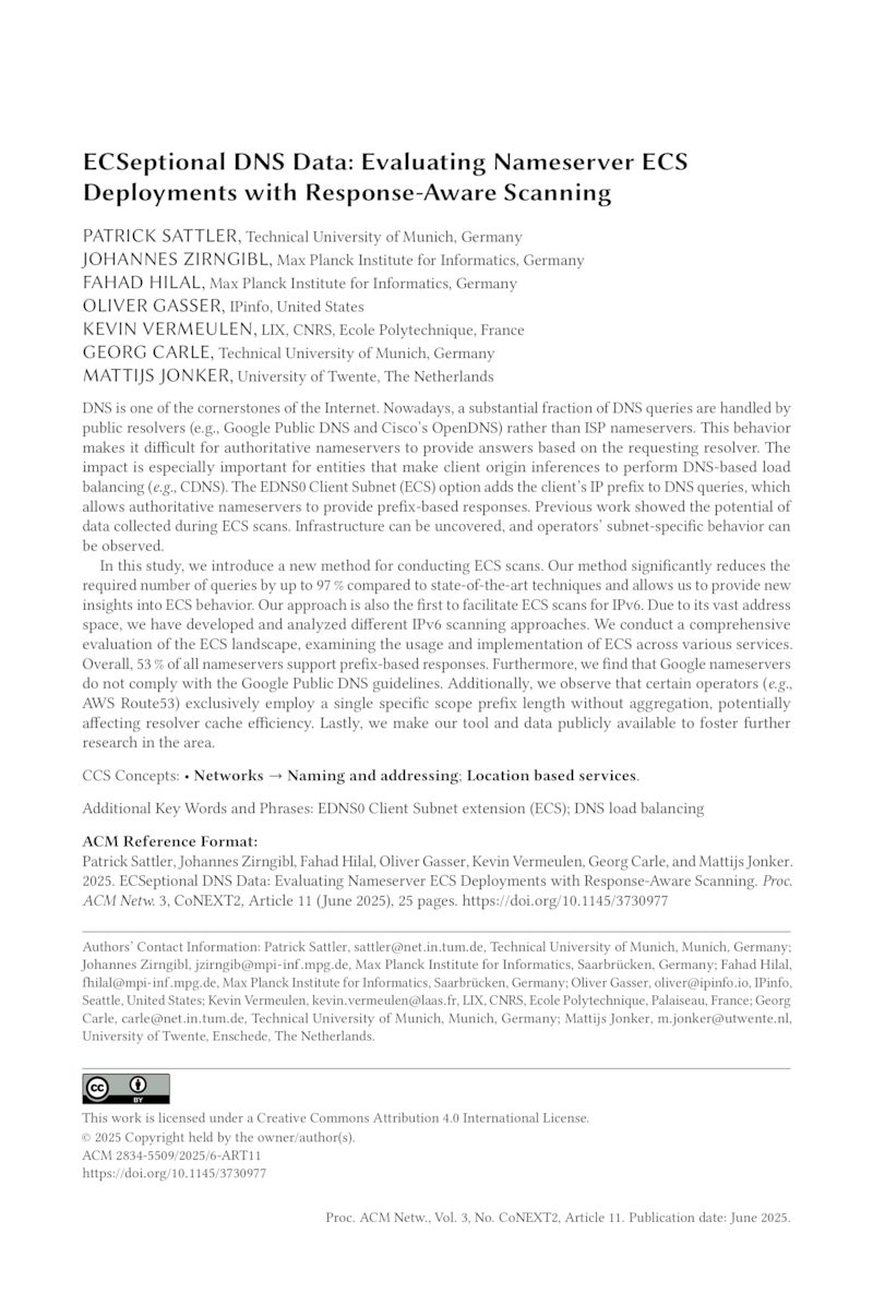 Download paper: ECSeptional DNS Data: Evaluating Nameserver ECS Deployments with Response-Aware Scanning