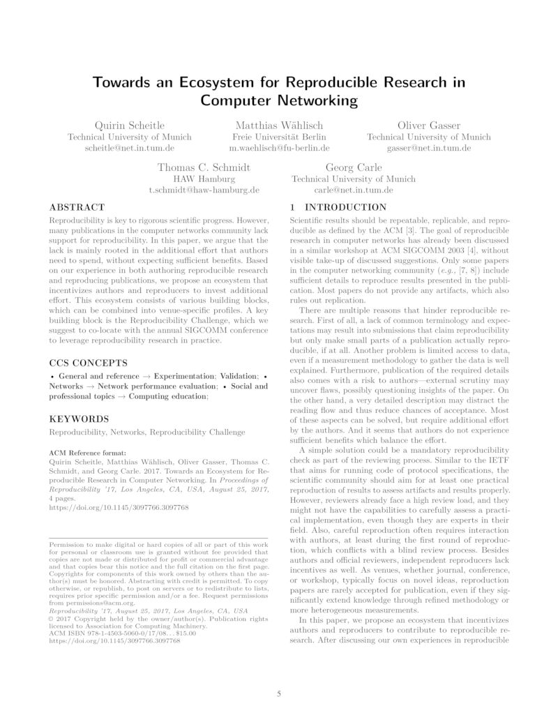 Download paper: Towards an Ecosystem for Reproducible Research in Computer Networking
