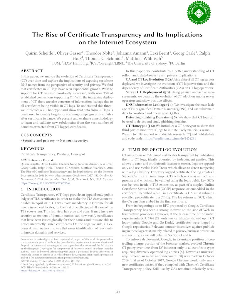 Download paper: The Rise of Certificate Transparency and Its Implications on the Internet Ecosystem