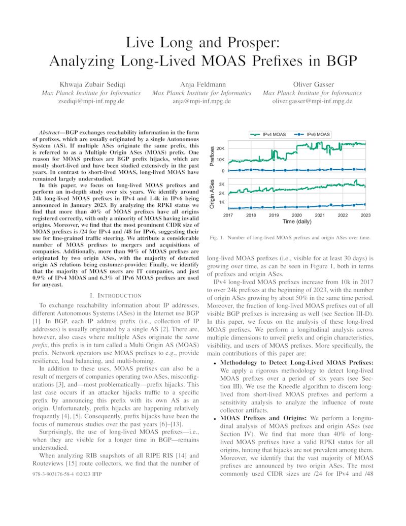 Download paper: Live Long and Prosper: Analyzing Long-Lived MOAS Prefixes in BGP
