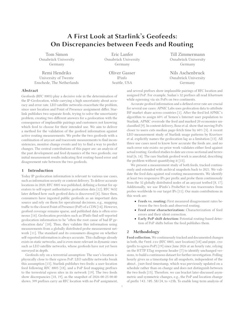 Download paper: A First Look at Starlink’s Geofeeds: On Discrepancies between Feeds and Routing