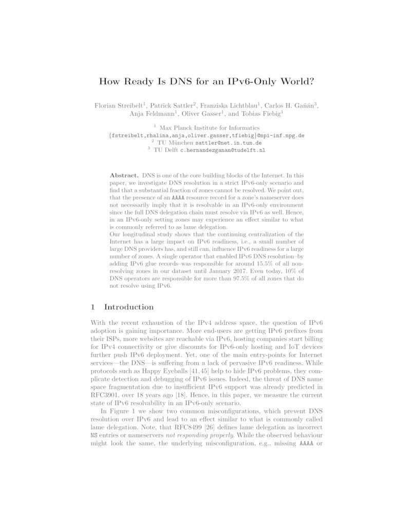 Download paper: How Ready Is DNS for an IPv6-Only World?