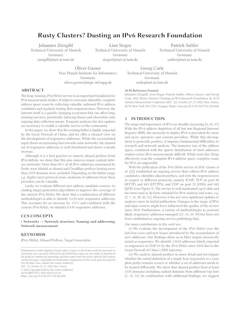 Download paper: Rusty Clusters? Dusting an IPv6 Research Foundation